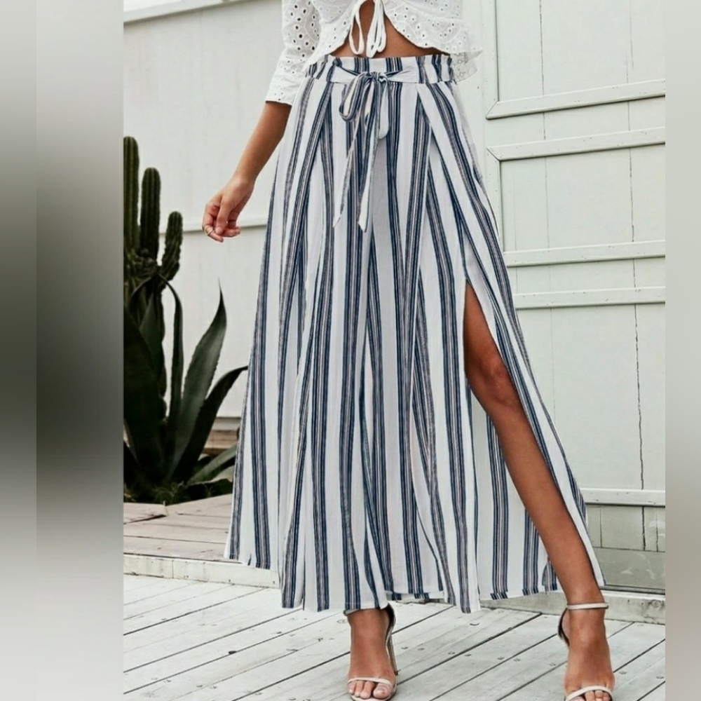 Simplee Viscose 100% Pants Wide Leg Striped Split Thigh High Tie Waist Sz Small - Picture 2 of 10